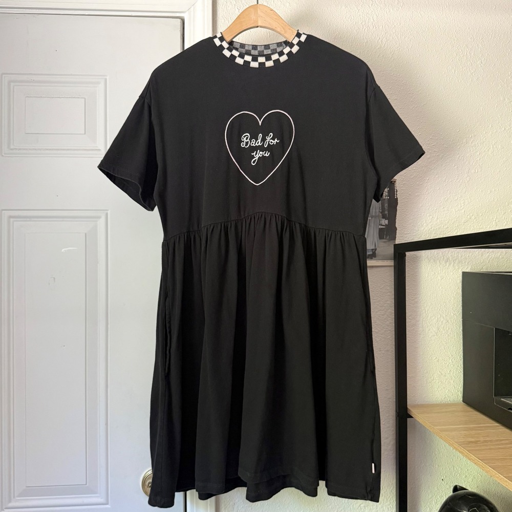 LAZY OAF x VANS black white checker heart patch short sleeve babydoll mini dress
